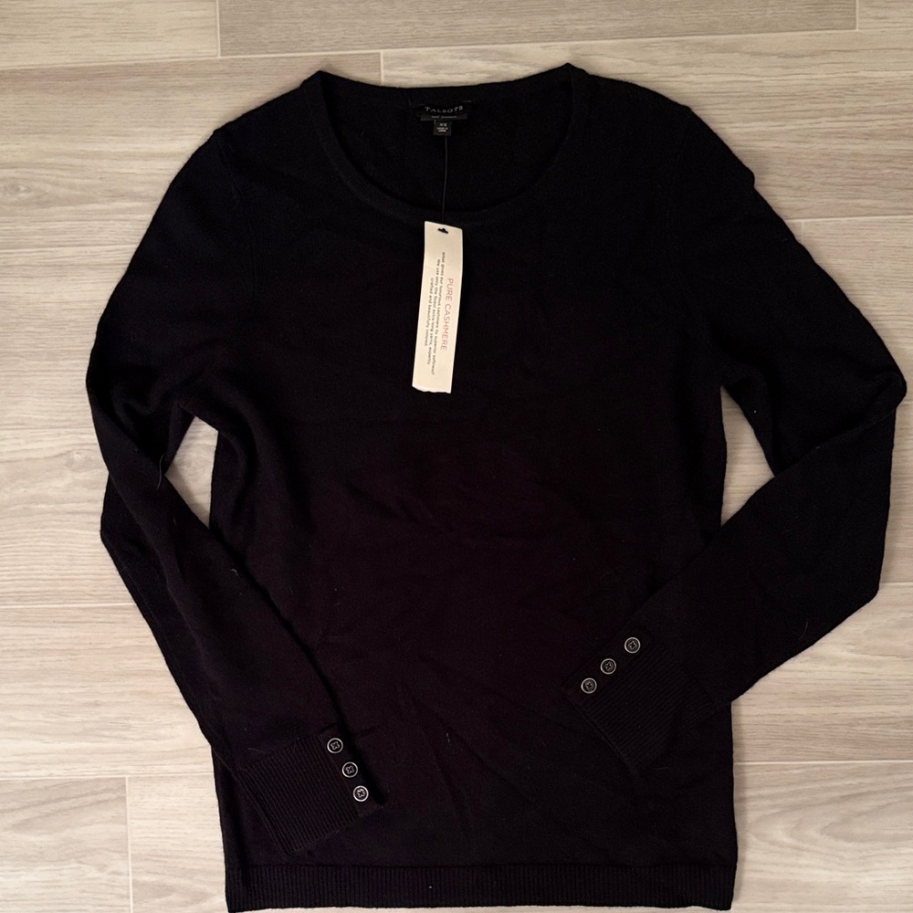 Talbots Black Crew Neck Sweater with Button Details- Cashmere